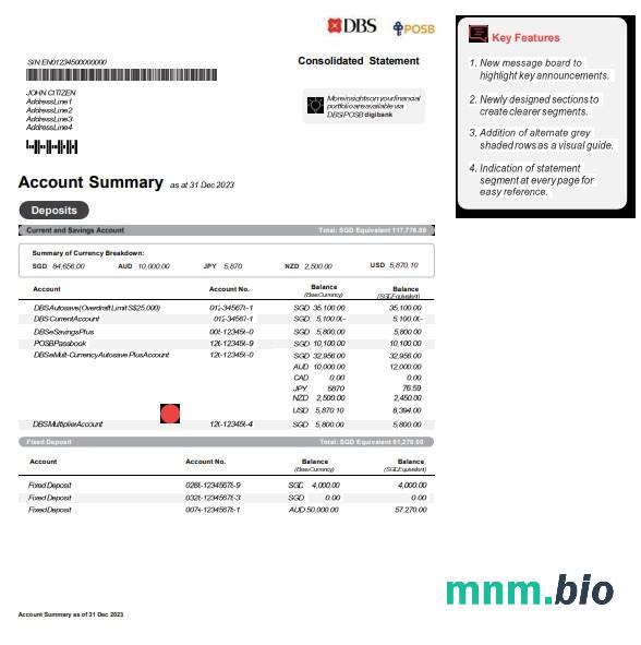 Singapore DBS bank proof of address szablon oświadczenia w formacie Word i PDF, 4 strony